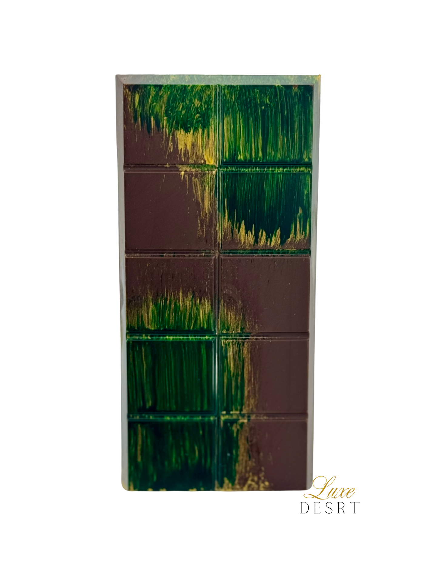 Dubai Chocolate Dark bar with Belgian dark chocolate, pistachio cream, caramelized kataifi, and tahini drizzle.