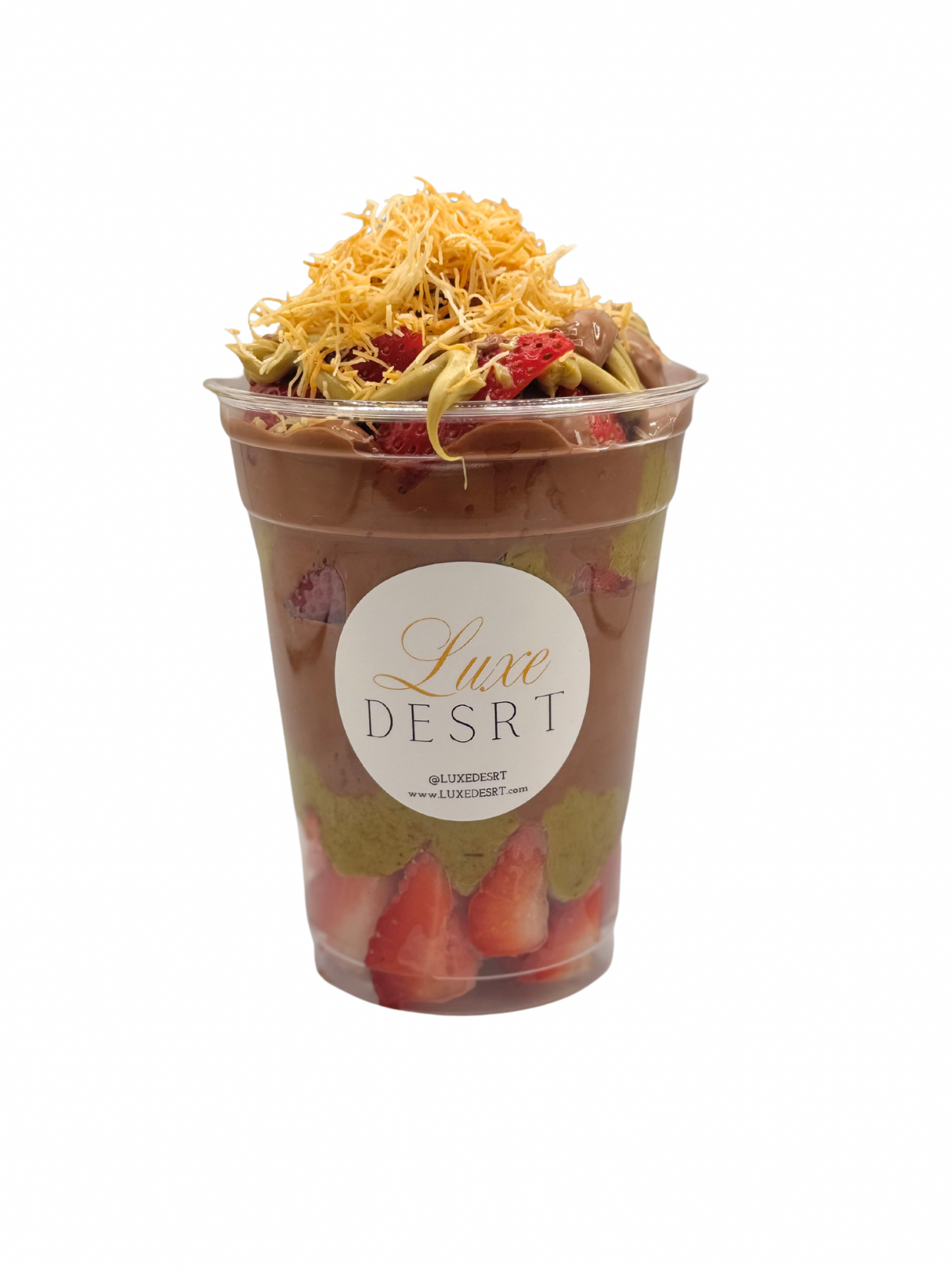 Dubai Strawberry Cup with fresh strawberries, pistachio crunch cream, and chocolate in 16oz cup.