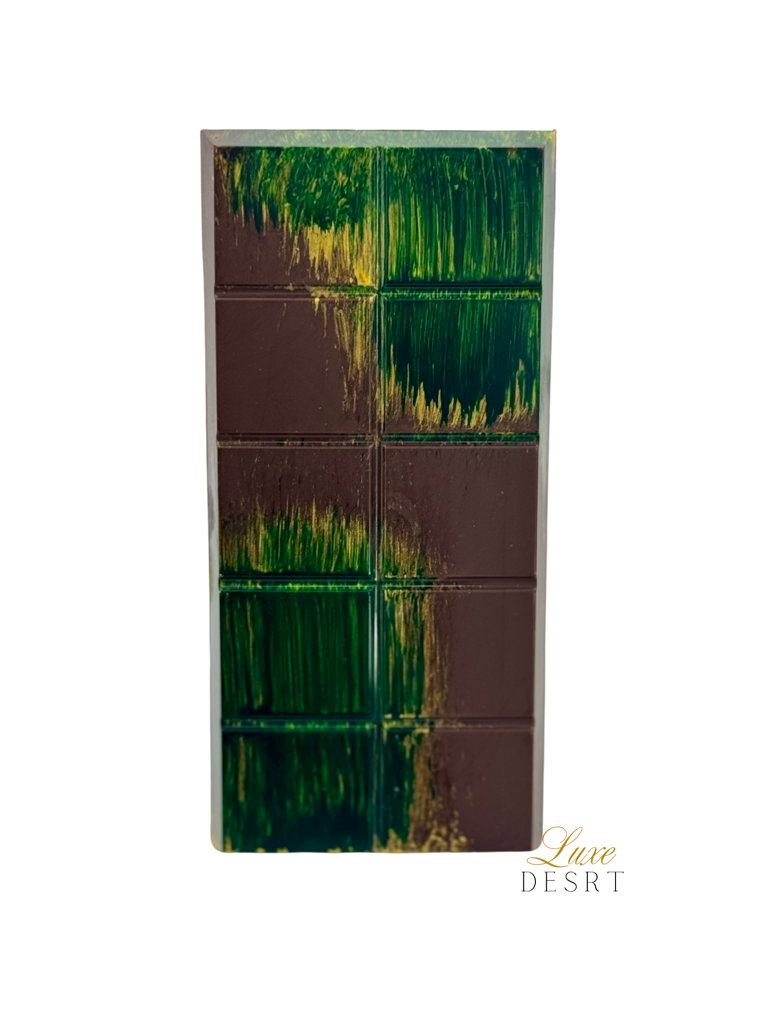 Dubai Chocolate Dark bar with Belgian dark chocolate, pistachio cream, caramelized kataifi, and tahini drizzle.